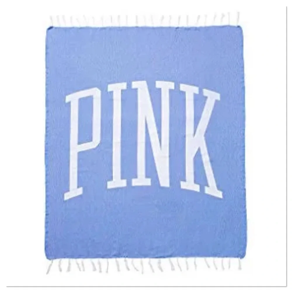 Victoria's Secret PINK Fringe Beach Blanket Stadium Throw Blanket BLUE And WHITE